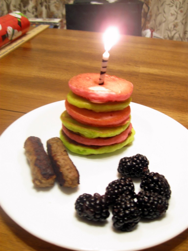 The most important projects are the little ones. Today is my girl's third birthday and I got up way too early to make her pncakes in her favorite colors. Worth it.