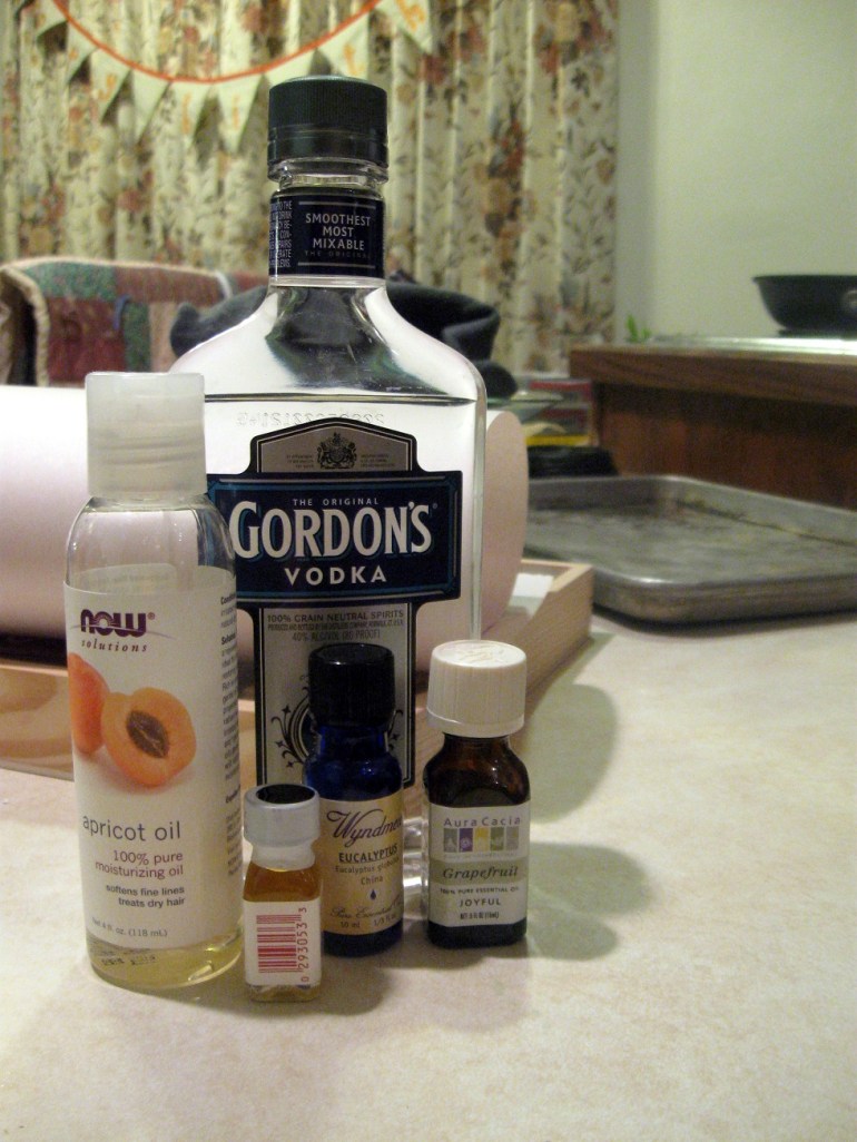 Materials for two projects, one of which was a room freshening spray. Which turned out to be a really bad idea. Using pine essential oil is not great when pine trees make you sneeze. And I will leave it at that.