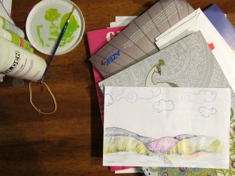 I actually left the house last night and went out. Without the kiddo. While I was listening to my friend's band play and scarfing a cheeseburger, I got more doodling done. I guess right now I have ditched trees for hills.