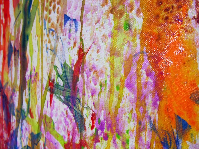 I am taking a cue from my friend Carly: layer. I nearly always like the current state of my paintings, and I am afraid of "ruining" what is already there. So on this, I am forging ahead and adding layers. Tonight, bubble wrap printing with copper and purple plus a very generous coating of fine gold spray glitter. It's not nearly as tacky as it sounds.