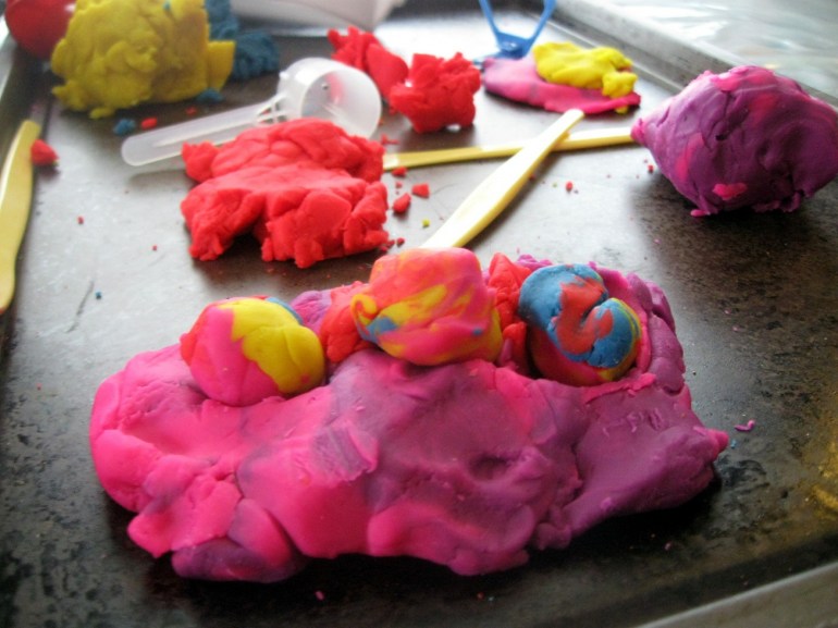 Ravioli and cookies in electric colors.