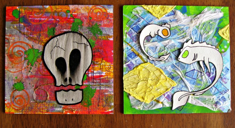 Two collage pieces that are now in my Etsy shop. These are the two I will outline in more detail next week. The one on the right won't be sold since my daughter almost cried about how much she "loves the dragons". Darn kids and their cuteness.