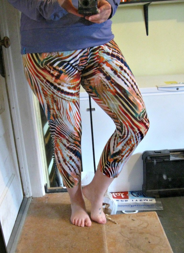 Not a great pic, but it shows what I was up to today. For the first time ever, I made my own pattern for the perfect yoga pants. If you want to make some for yourself, check out the legging tutorial here. You will not be sorry.