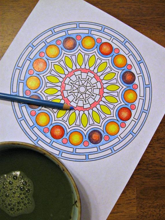 I needed something creative that required no critical thinking so my mind could wander. Mandalas are always the answer in that case. I got this one from Print Mandala. Add a soup bowl full of matcha and TBTL, and we are all set.