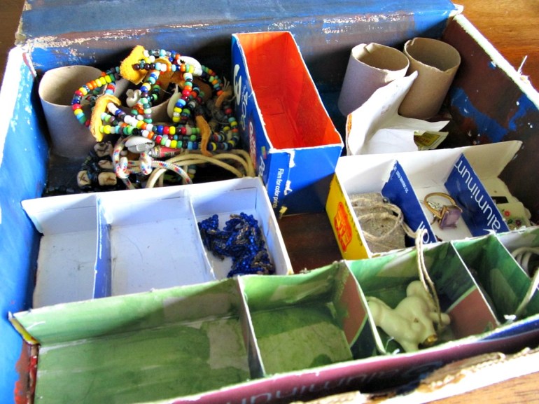 If you are broke and need a jewelry box, this is what you do. Get a flat rate box, tin foil box, film box, butter box and a paper towel roll. Add hot glue and paint. Then save the whole damn thing for way too long.