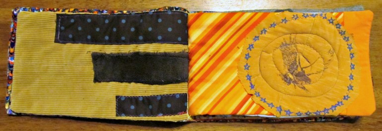 Brown page: Corduroy from a blazer, cotton scrap and faux fur. Orange page: cotton scrap and jersey from two tees.