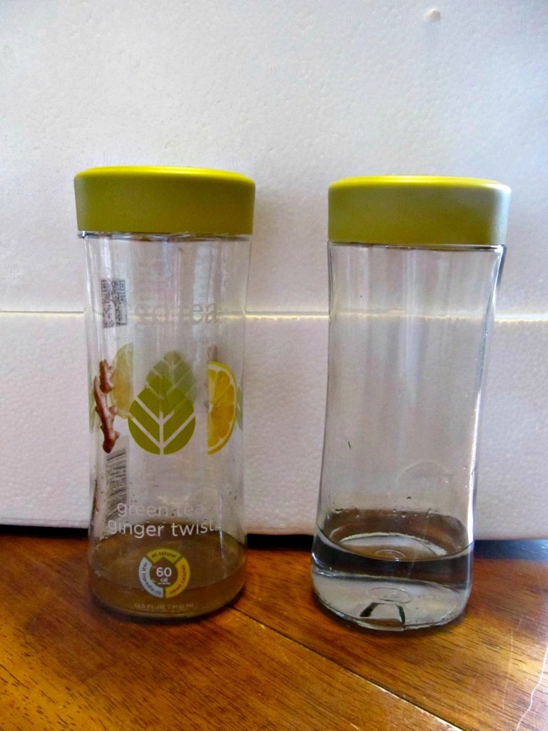 On the left, the Argo tea bottle with the label intact. On the right, a clean bottle out of my fridge rotation.