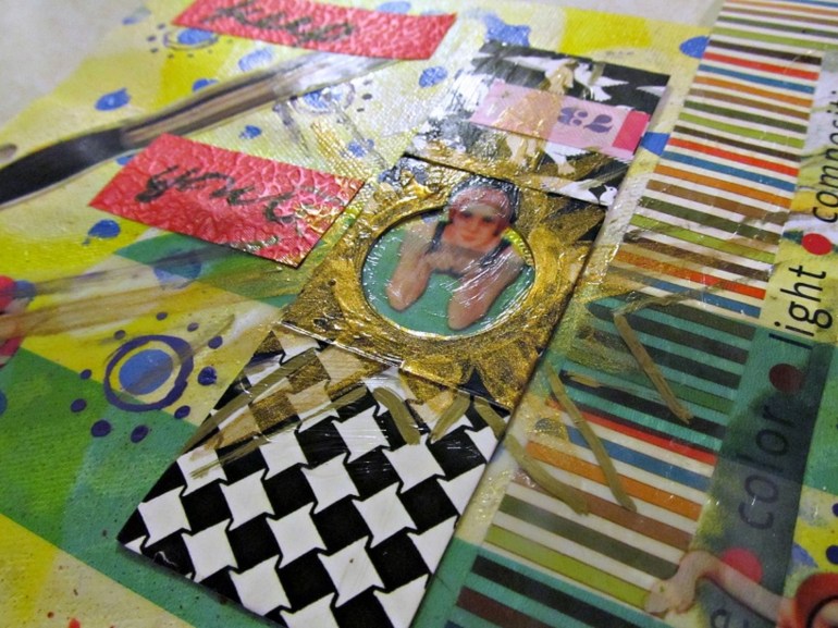 Boy, that is a lot of shine! Vinyl plus gel medium and metallic paints will do that. But you can see hints of gold accents around my swimming lady.